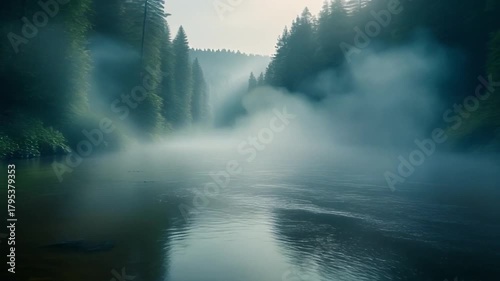 Tranquil river flowing through misty evergreen forest at dawn