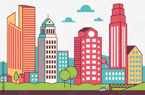 Colorful cityscape with modern buildings and green space