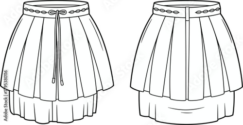 Women's Layered Mini Skirt Fashion Flat Sketch CAD Vector Template with Decorative Waist Trim and Drawcord Technical Drawing