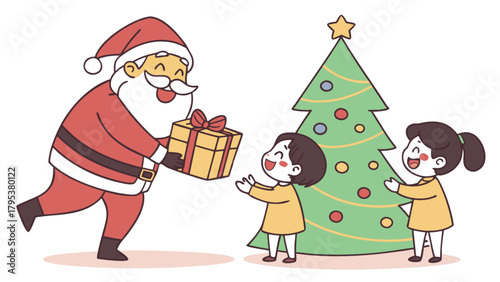 Illustration of santa claus giving christmas gifts to children near a decorated christmas tree
