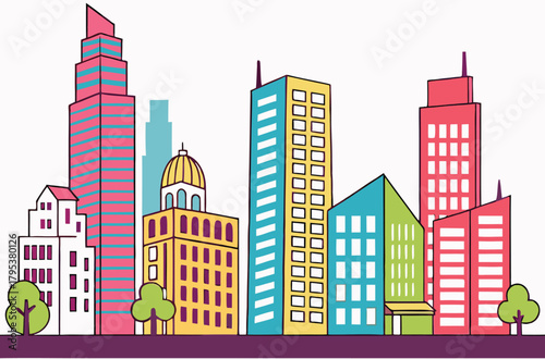 Colorful cityscape skyline with tall buildings and trees
