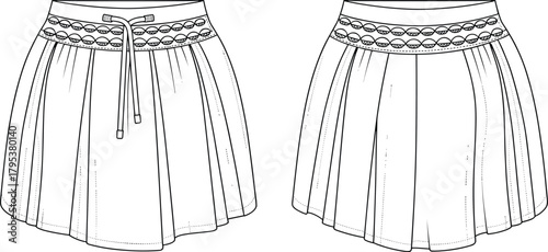 Women's Mini Skirt Fashion Flat Sketch CAD Vector Template with Decorative Waistband and Drawstring Technical Drawing for Design
