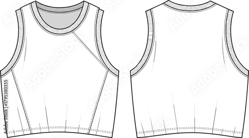 Women's Cropped Sleeveless Tank Top Fashion Flat Sketch CAD Vector Template with Panel Seams and Rib Trim Technical Drawing
