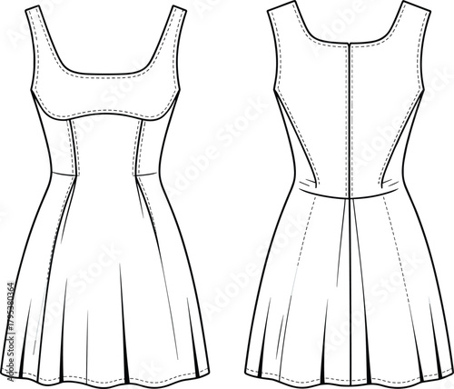 Women's Strappy Square Neck Mini Dress Fashion Flat Sketch CAD Vector Template with Panel Bodice Technical Drawing for Design