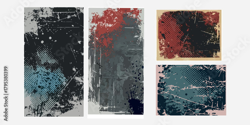 Grunge vector background with halftone and textures banner in black gray blue red white colors for web graphic design vintage art abstract urban style template flyer poster