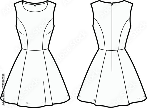 Women's Basic Sleeveless Fit and Flare Dress Fashion Flat Sketch CAD Vector Template with Princess Seams Technical Illustration for Production