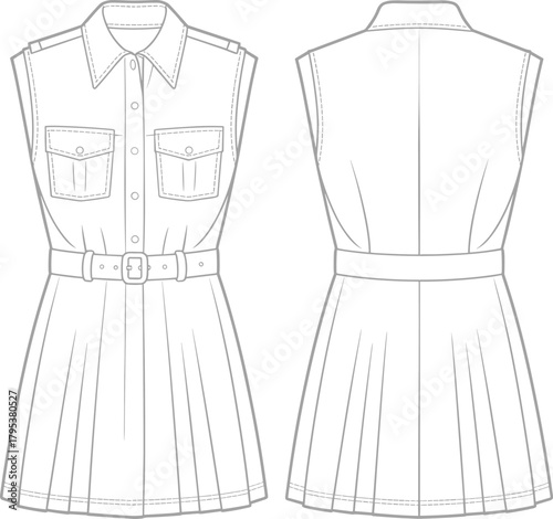 Women's Sleeveless Shirtdress with Flap Pockets and Pleated Skirt Fashion Flat Sketch CAD Vector Template Technical Drawing for Garment Production