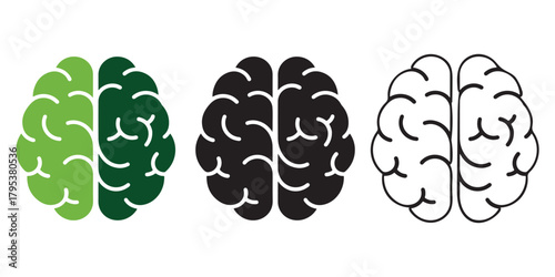 Brain icons: green, black, and outline representations on white Vector, illustration