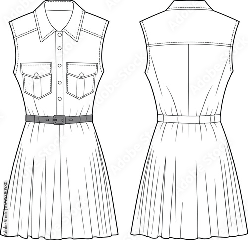 Women's Sleeveless Denim Shirtdress with Belt and Flap Pockets Fashion Flat Sketch CAD Vector Template Technical Drawing for Production