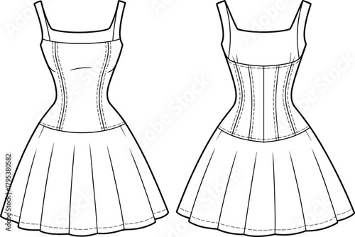 Women's Corset Top Sundress Fashion Flat Sketch CAD Drawing Vector Template Black and White Technical Illustration for Garment Design and Production