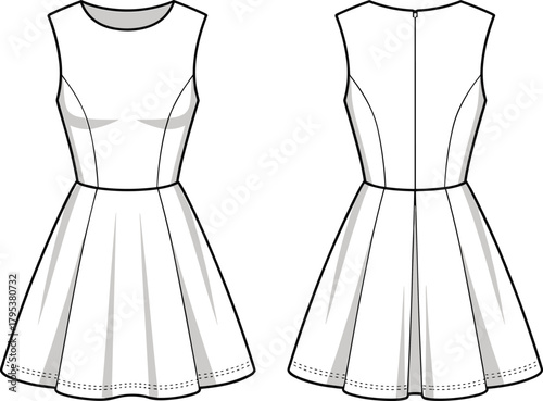 Sleeveless mini fit-and-flare dress fashion flat technical sketch vector illustration drawing with scoop neck, fitted bodice, and back zip.