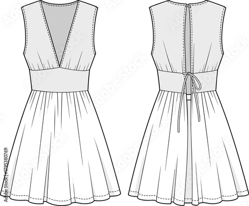 Sleeveless V-neck mini dress fashion flat technical sketch vector illustration drawing with fitted bodice, gathered skirt, and tie back detail.