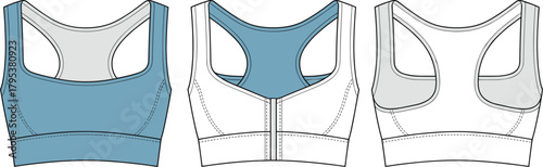 Racerback sports bra fashion flat technical sketch vector illustration drawing with scoop neck, front zipper, and wide underband.