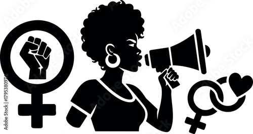 Feminist activist woman shouting through megaphone with female gender and heart symbols vector illustration
