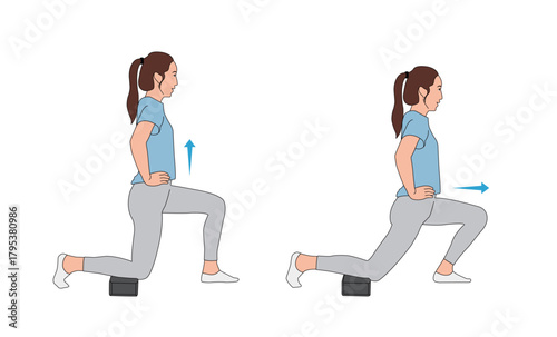 Correct Iliopsoas Hip Flexor Stretch Exercise Diagram. Woman Performing Lunge Position with Block for Better Posture and Lower Back Pain Relief.