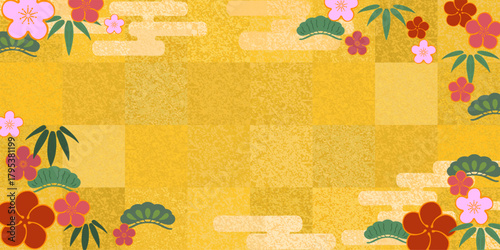 金のタイルと松竹梅の背景素材