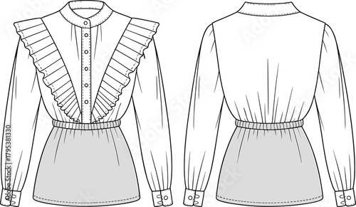 Ruffled yoke blouse fashion flat technical sketch vector illustration drawing with stand collar, long sleeves, and elastic shirred hem.