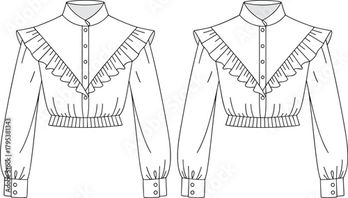 Cropped ruffled V-yoke blouse fashion flat technical sketch vector illustration drawing with stand collar, long sleeves, and cuffs.