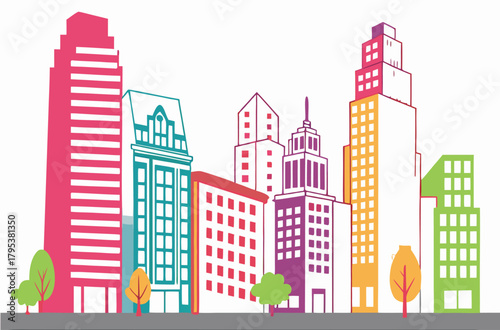 Colorful city skyline with trees and gray ground