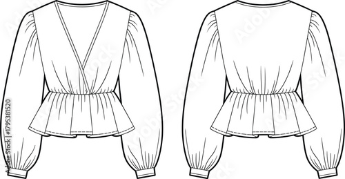 Wrap front peplum blouse fashion flat technical sketch vector illustration drawing with V-neck, long voluminous balloon sleeves.
