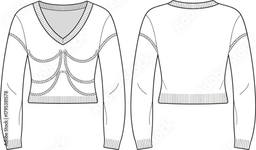 Cropped chain embellished V-neck sweater fashion flat technical sketch vector illustration drawing with long sleeves and ribbed trims.