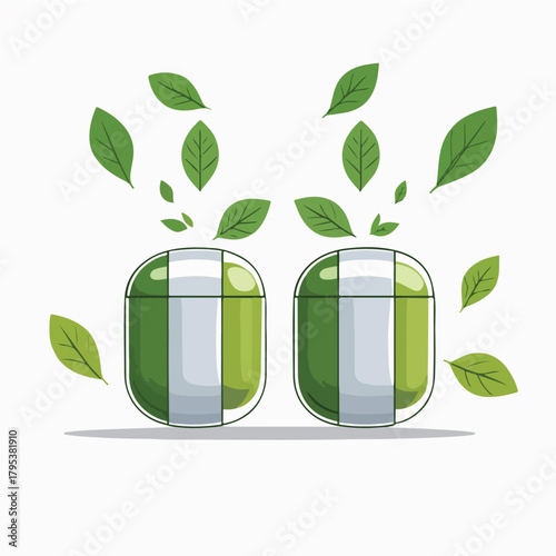 two herbal capsules opening with tiny leaf elements coming out