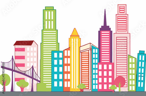 Colorful cityscape skyline with bridge and trees