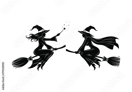 Witch silhouettes flying on broomsticks