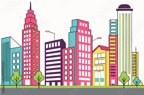 Colorful cityscape skyline with trees and buildings