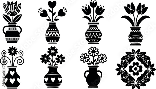 Black silhouette floral vase collection with decorative patterns and heart shapes vector design elements