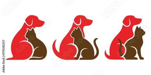 Dog and cat silhouettes in red and brown, isolated on white background Vector, illustration