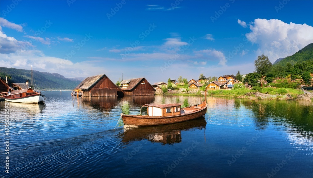 Fototapeta premium scenic waterfront village with a boat