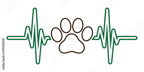 Heartbeat ekg line with a paw print in the center concept Vector, illustration