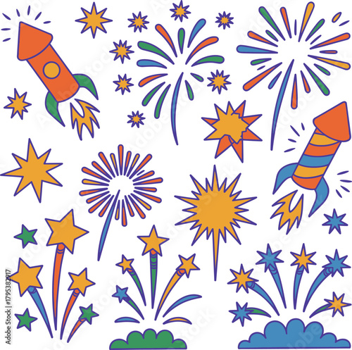 Orange rockets and colorful fireworks exploding in a pattern