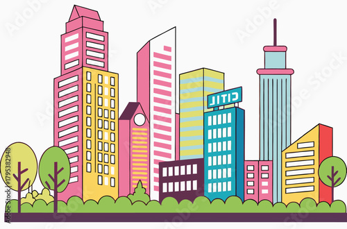 Colorful cityscape with trees and buildings