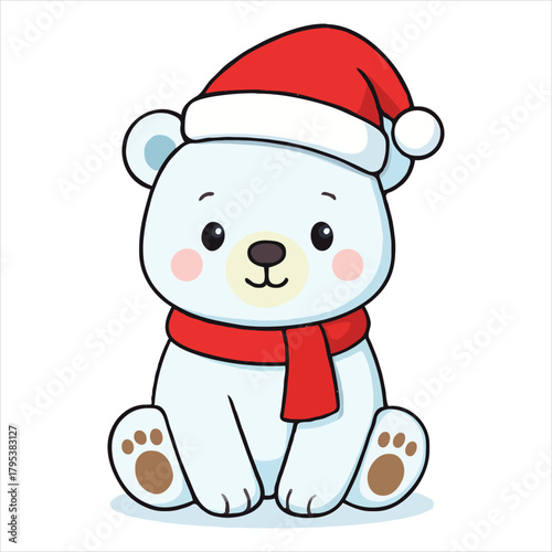 Cute polar bear cub wearing santa hat and red scarf, isolated Vector, illustration