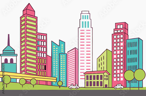Colorful cityscape skyline with trees and cars