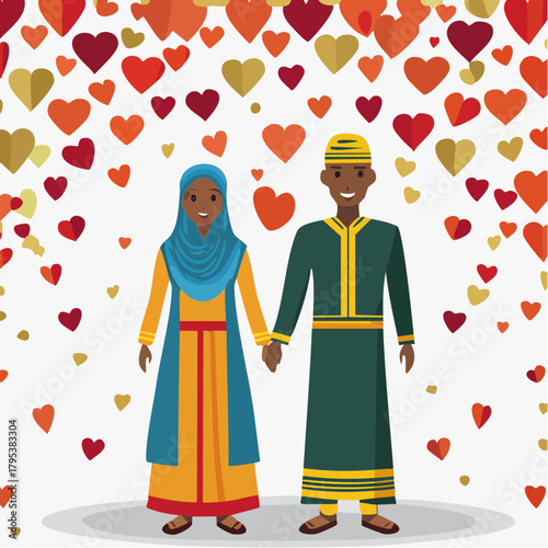 Happy couple in traditional clothing with hearts