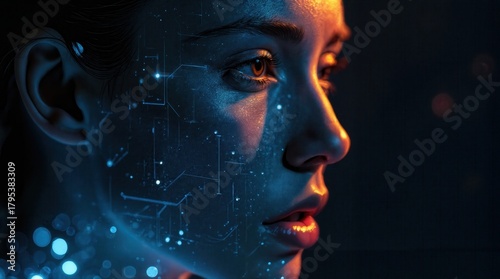 A close-up of a young woman with dark hair, illuminated by blue and orange lights. Digital patterns are projected on her face, suggesting a futuristic theme.