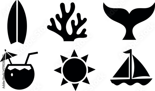 Summer beach icons set with surfboard coral whale tail coconut sun and sailboat vector elements for tropical design
