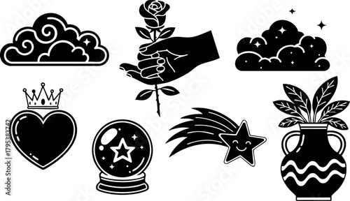Black and white mystical vector icons with stars, clouds, heart, crown, rose, shooting star, and vase design elements