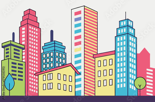 Colorful city skyline with modern buildings