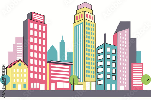 Colorful cityscape with trees and buildings