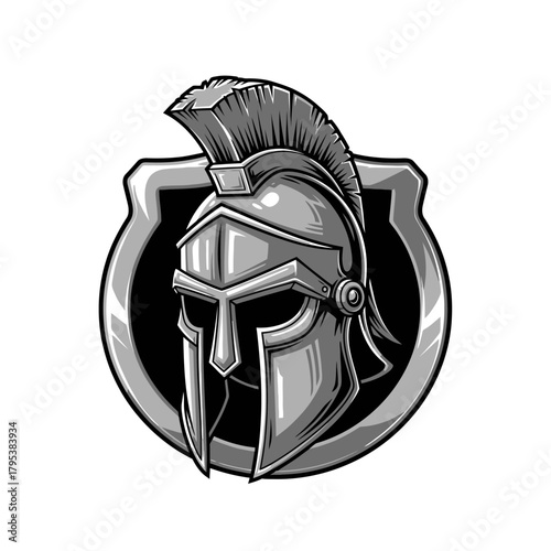 Monochrome illustration of an ancient Spartan warrior helmet on a shield emblem.