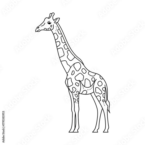 A simple black and white line art illustration of a standing giraffe, isolated on a white background.