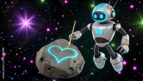 A charming robot in the vastness of space diligently crafts a glowing blue heart onto a floating asteroid, a celestial expression of mechanical