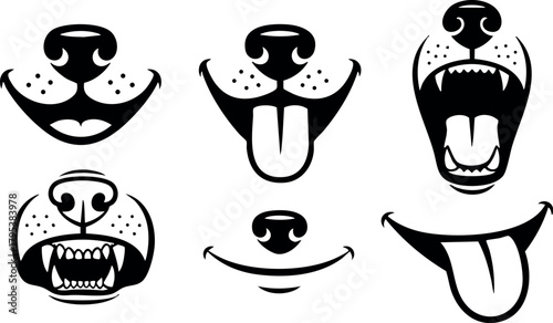 Dog nose and mouth expressions vector set showing various playful and aggressive animal faces in black and white style