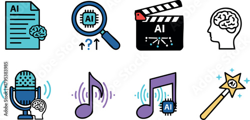 Artificial intelligence icons set with brain, microphone, music, magnifying glass, video clapper, and magic wand vector design