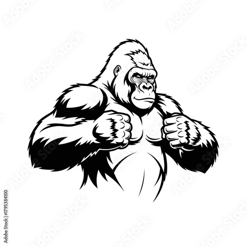 A powerful black and white illustration of a muscular gorilla in a fighting stance with clenched fists.