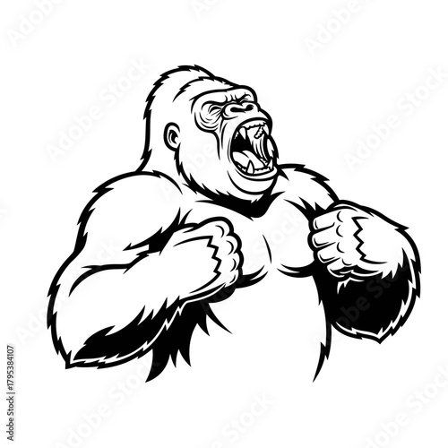 A powerful black and white illustration of an angry gorilla roaring with clenched fists.